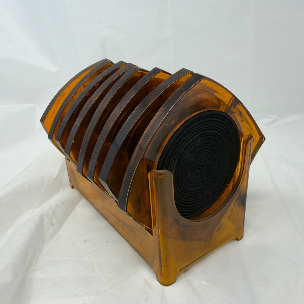 Vintage Amber Tortoise Shell Lucite Coaster Set with Caddy 8 Piece MCM Barware
